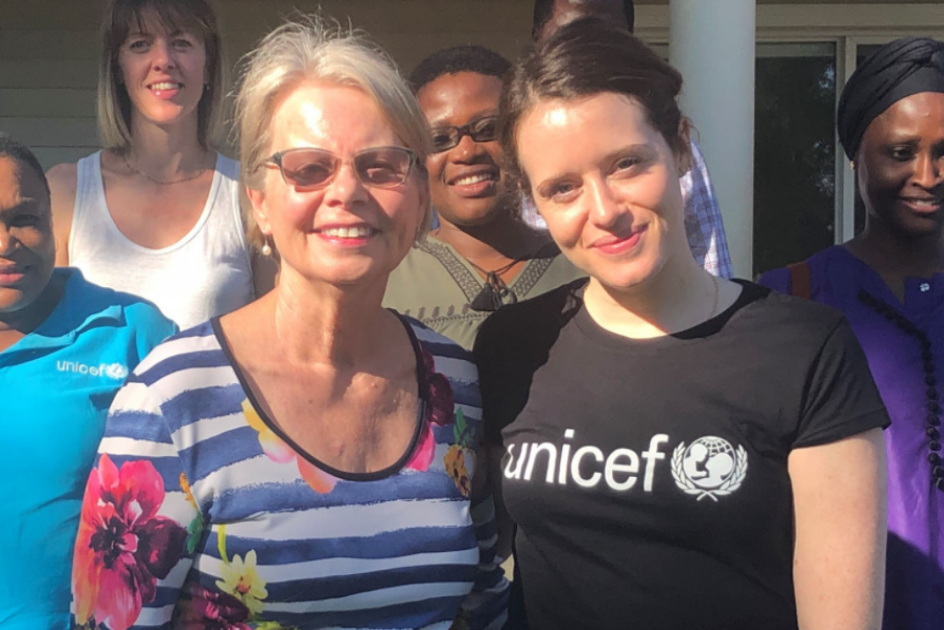 Claire Foy joins Dr. Peg Herbert and staff for lunch and a tour of Help Lesotho's Hlotse Centre in 2019.